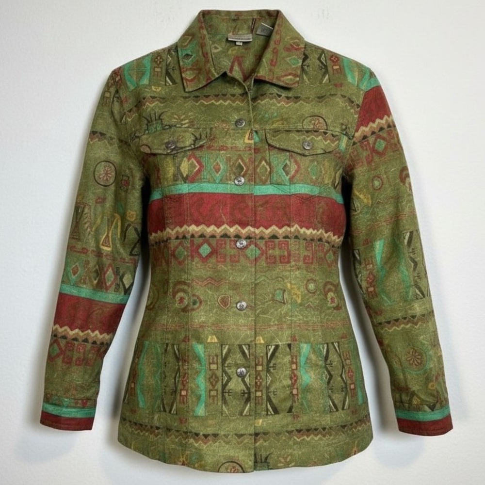 Chico's Womens SZ 2 Large Open‎ Front Blazer Jacket Aztec Southwestern Colorful